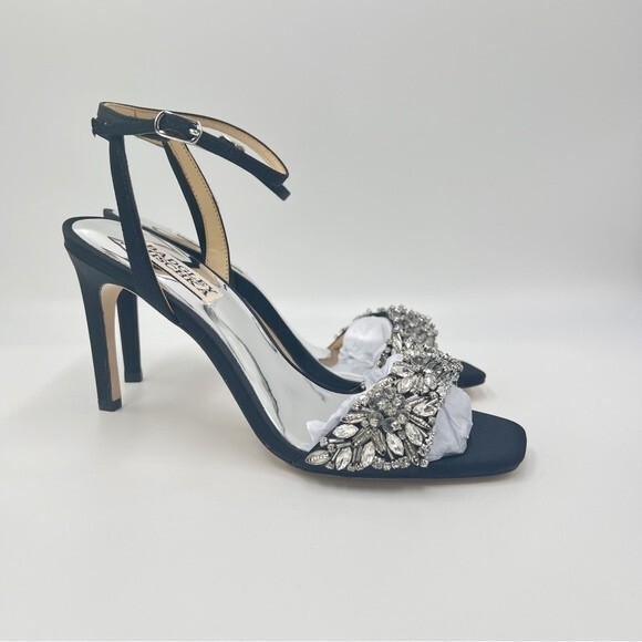 Badgley Mischka Size 6 Rider Black Satin Jeweled‎ Dress Sandals Heels Shoes - Picture 2 of 14